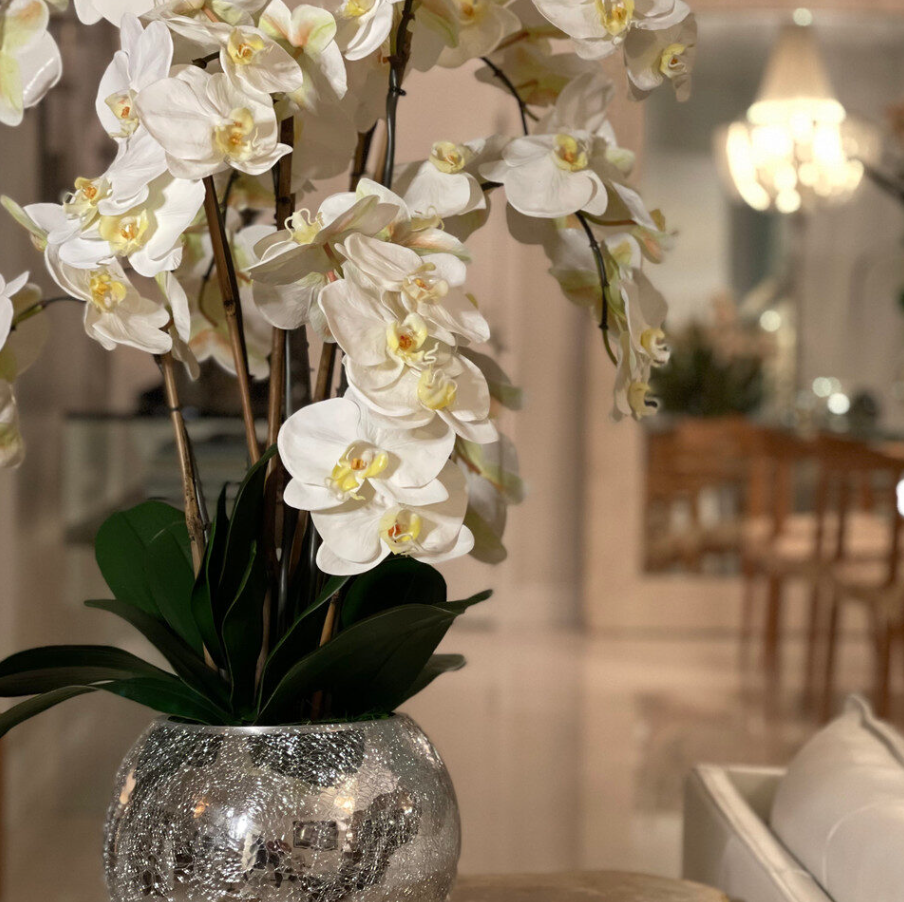 Orquídeas em Vaso Espelhado Craquelado