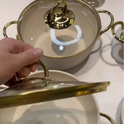 Kit Jogo de Panelas Golden Life Antiaderente Dourado em Cerâmico + Utensílios (BRINDE)