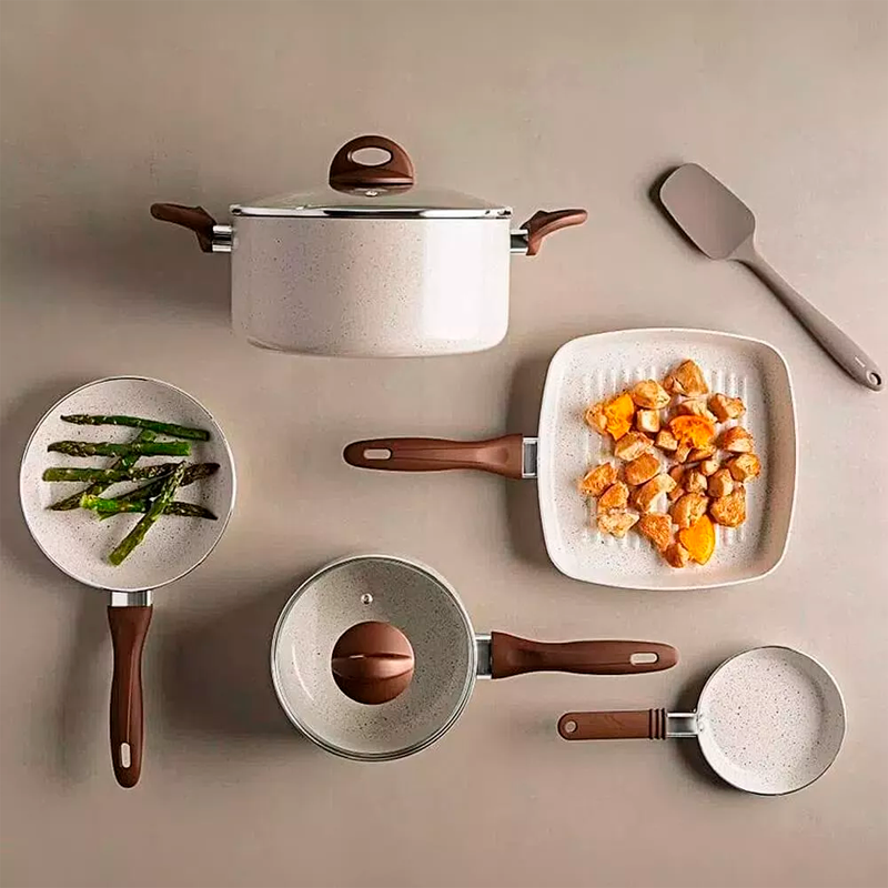 Kit Jogo de 8 Panelas Inox com Revestimento Antiaderente Cerâmico + BRINDE: Utensílios