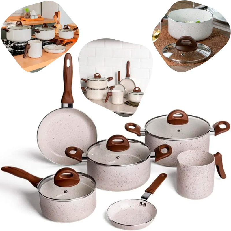 Kit Jogo de 8 Panelas Inox com Revestimento Antiaderente Cerâmico + BRINDE: Utensílios