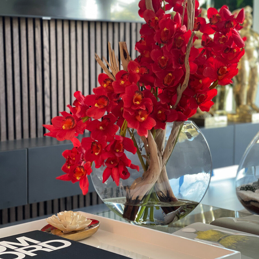 Cymbídios Vermelhos no Vaso Moon