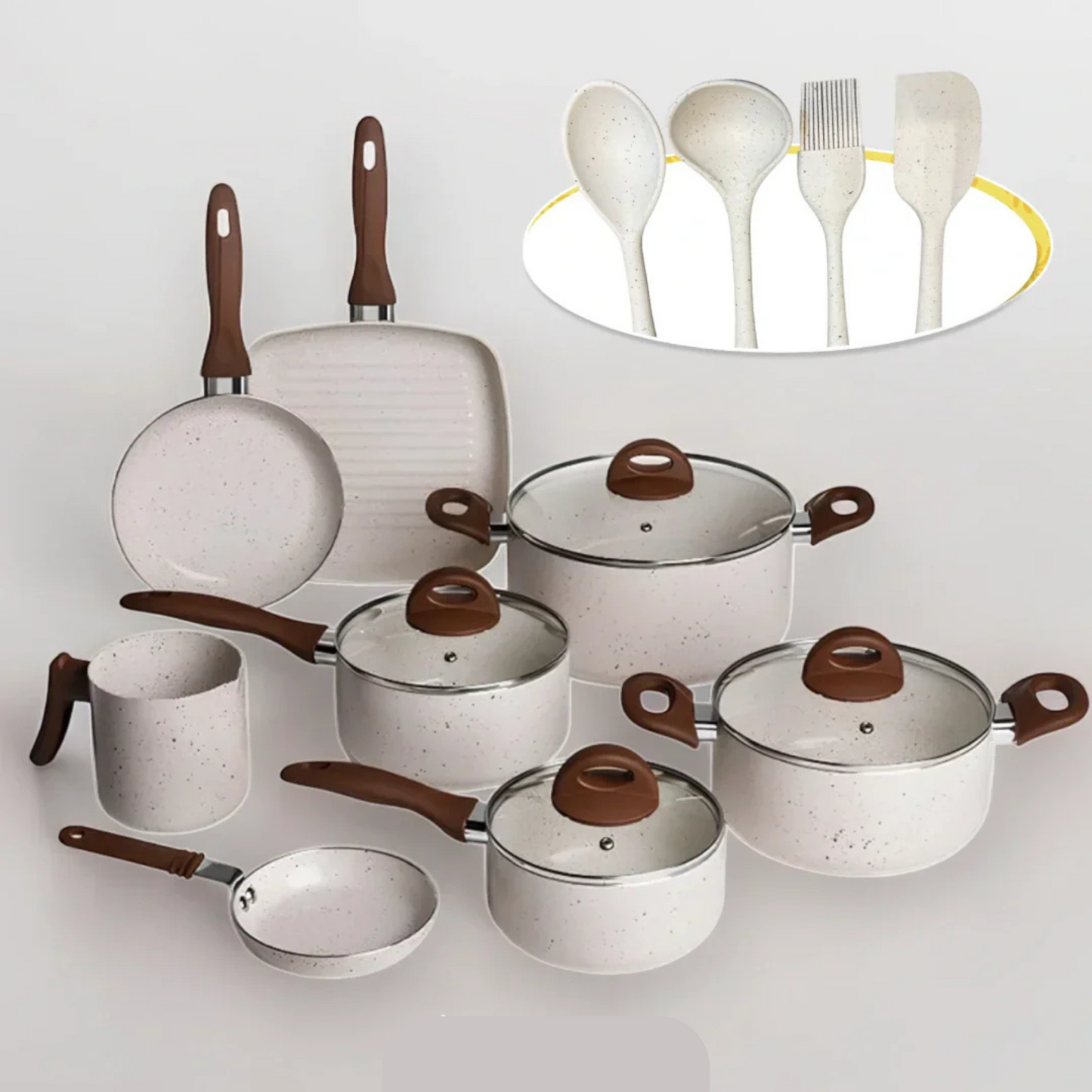 Kit Jogo de 8 Panelas Inox com Revestimento Antiaderente Cerâmico + BRINDE: Utensílios